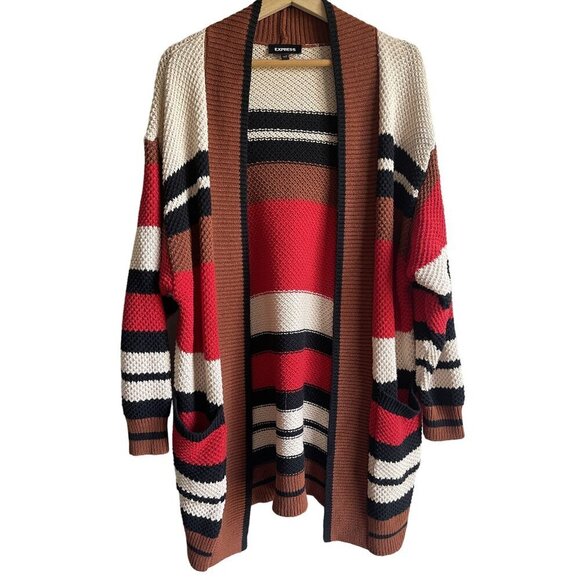 EXPRESS Size Medium Striped Red White Brown Black 100% Cotton Cardigan Sweater L - Picture 1 of 8